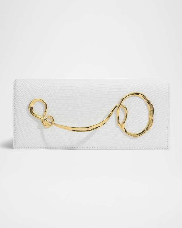 Lizard-Embossed Leather Clutch Bag with Side Handle